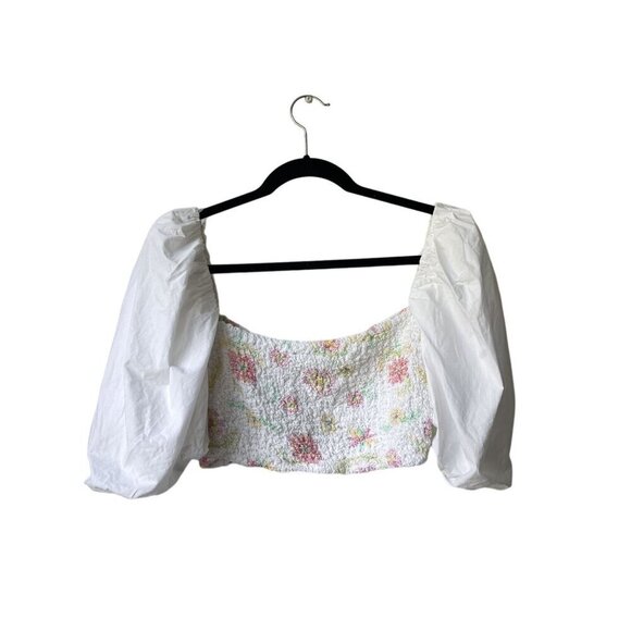 Zara Fairy Y2K Cropped Top Smocked Puff Sleeve Cottagecore White Floral Coquette - Picture 3 of 4